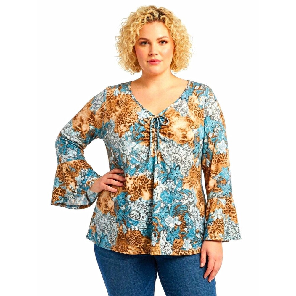 Fashion Bug Womens Top 22/24 Blue Brown Floral Tunic V-Neck Tie long Bell slv